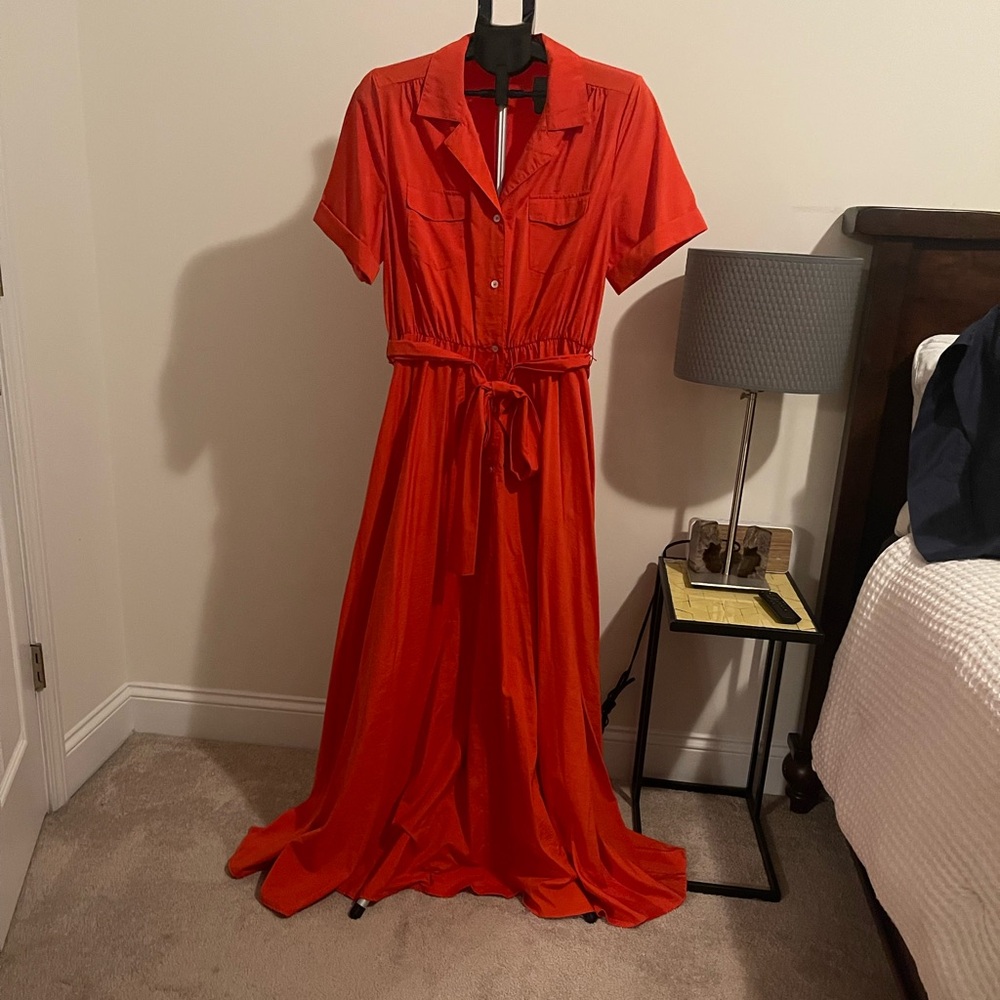 MELLODAY Bright Orange Short Sleeve Maxi Shirt Dress - Picture 2 of 4